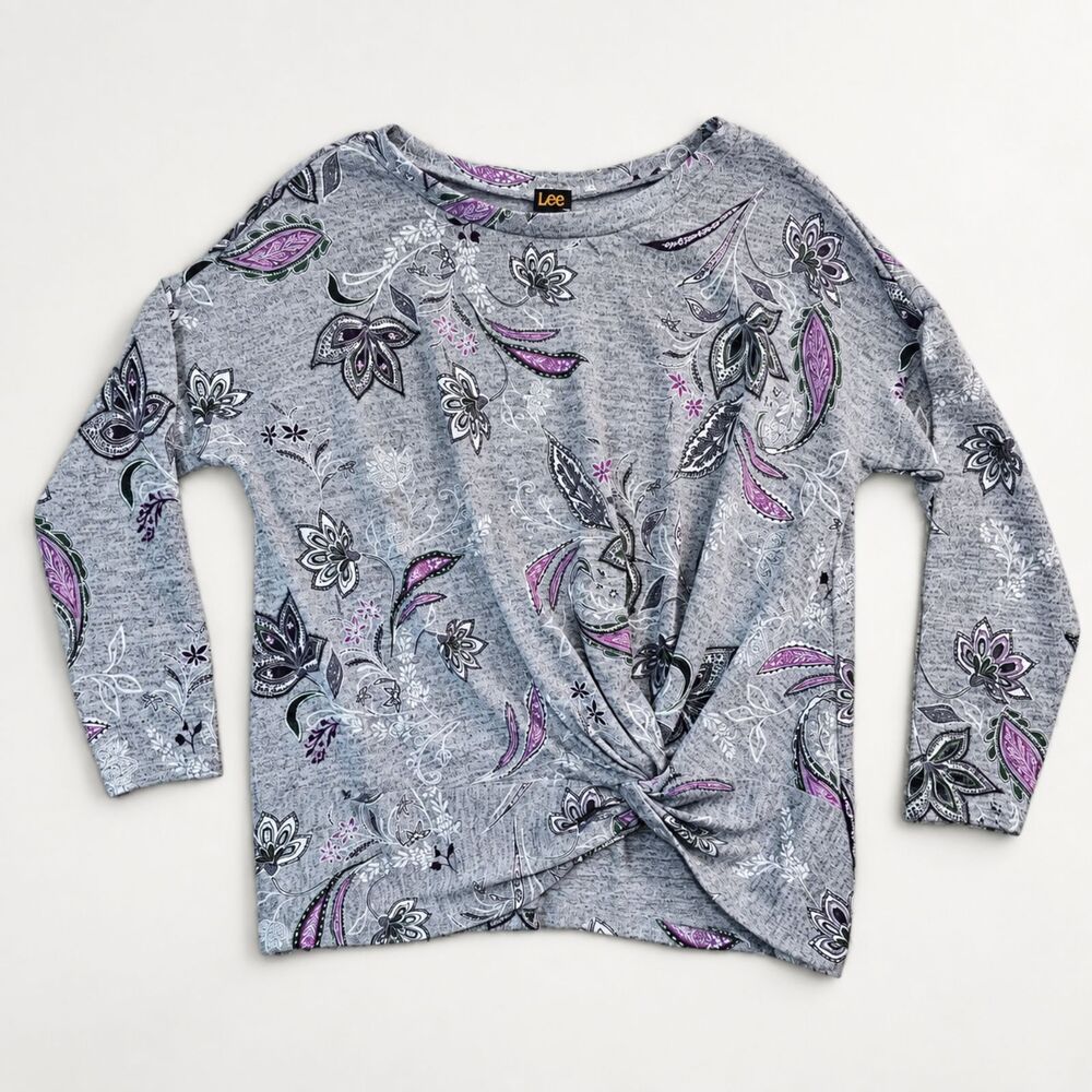 Lee Womens XL Gray Purple Paisley Floral Twist Front Long Sleeve Stretch Top